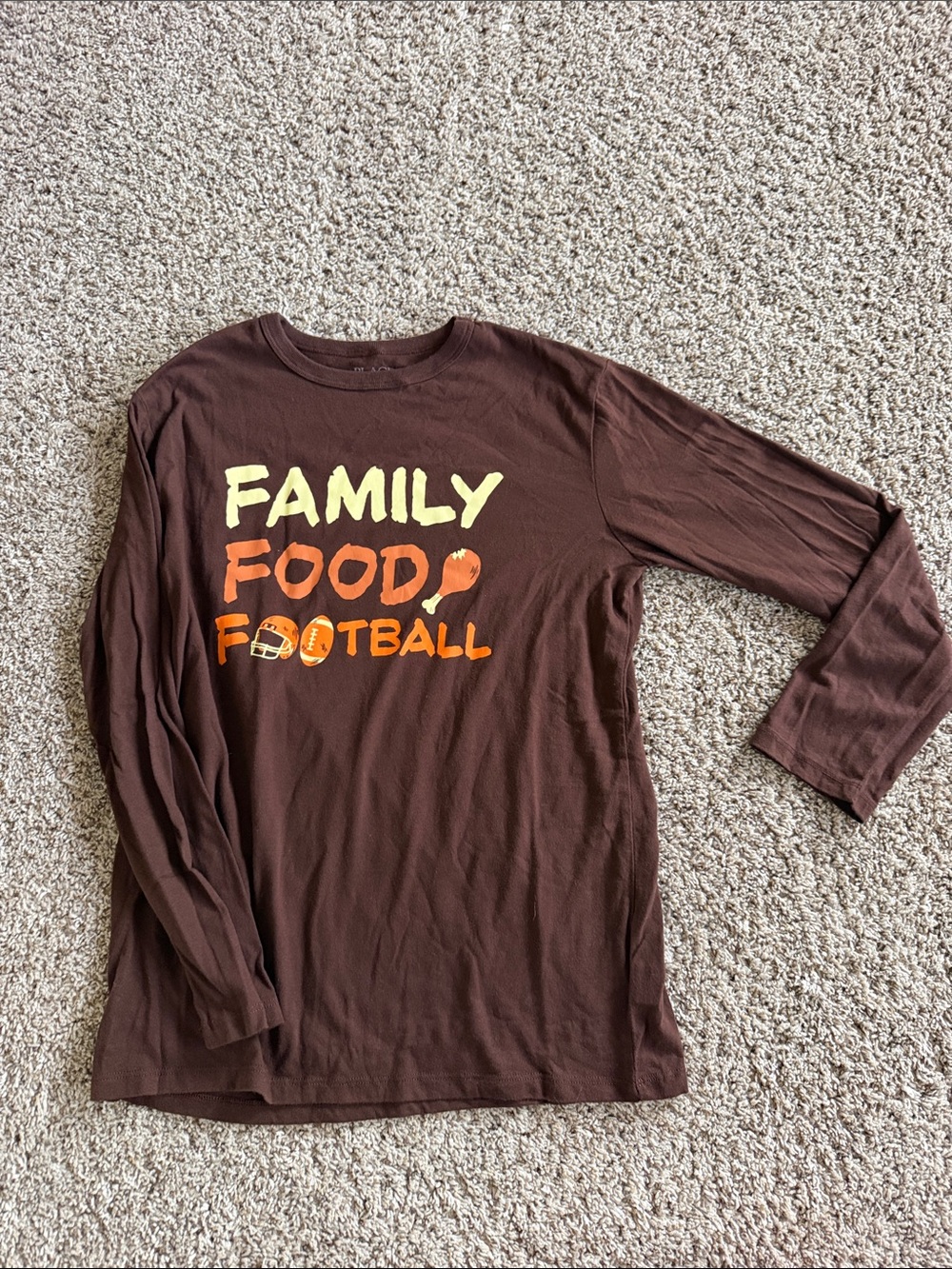 Place Brown Long-Sleeve 'Family Food Football' Tee with Yellow & Orange Graphic